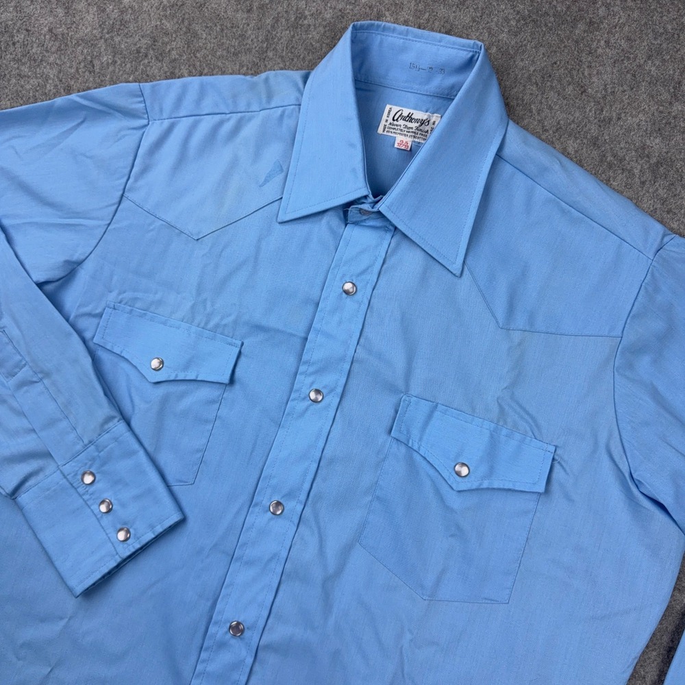 VTG Anthony's Shirt Men 15.5 Blue Western Pearl Snap Long Sleeve Dagger Yoke 70s
